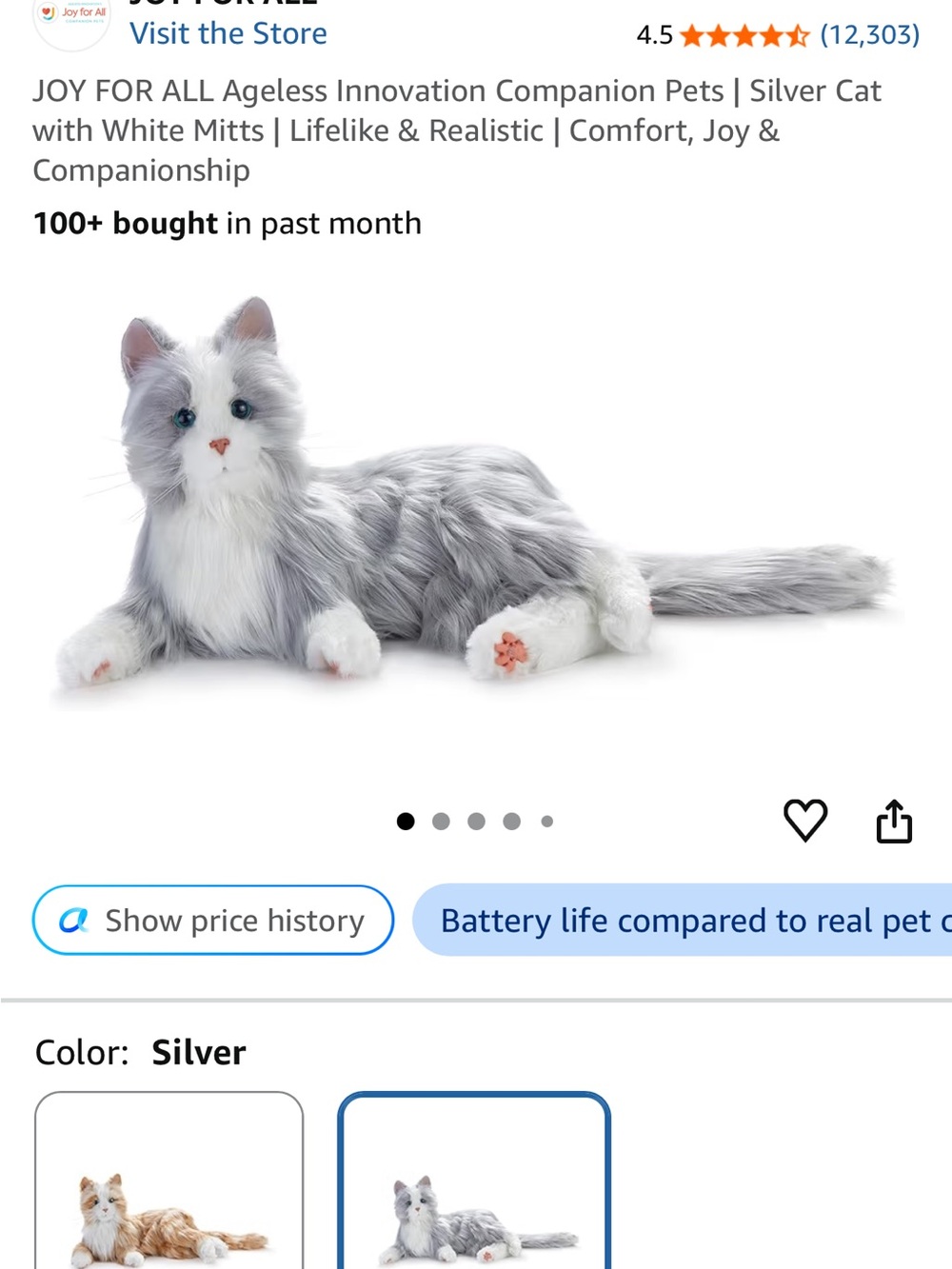 Gray & White Plush Cat Robotic for companionship